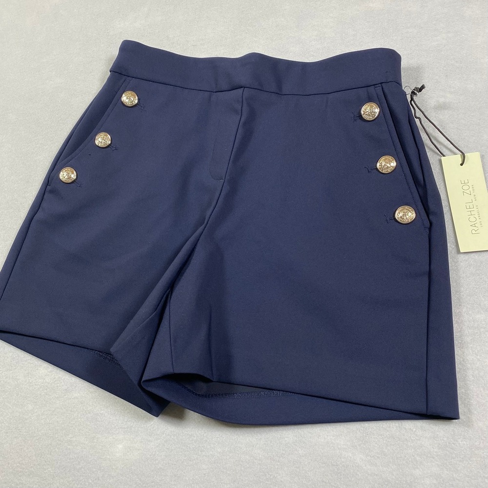 Rachel Zoe Dress Shorts Navy Blue Gold Button High Waist Pull-On Womens Size 4